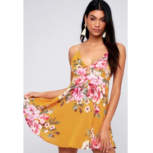 Lulus Dresses & Skirts - Lulus Lily Pond Mustard Yellow Floral Print Swing
